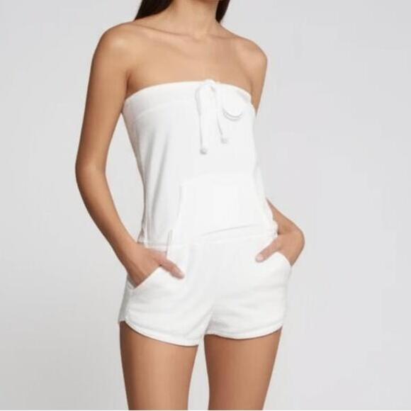 Vintage Wet Seal Romper Terry Cloth Strapless White Drawstring Pockets S Summer - Picture 1 of 12